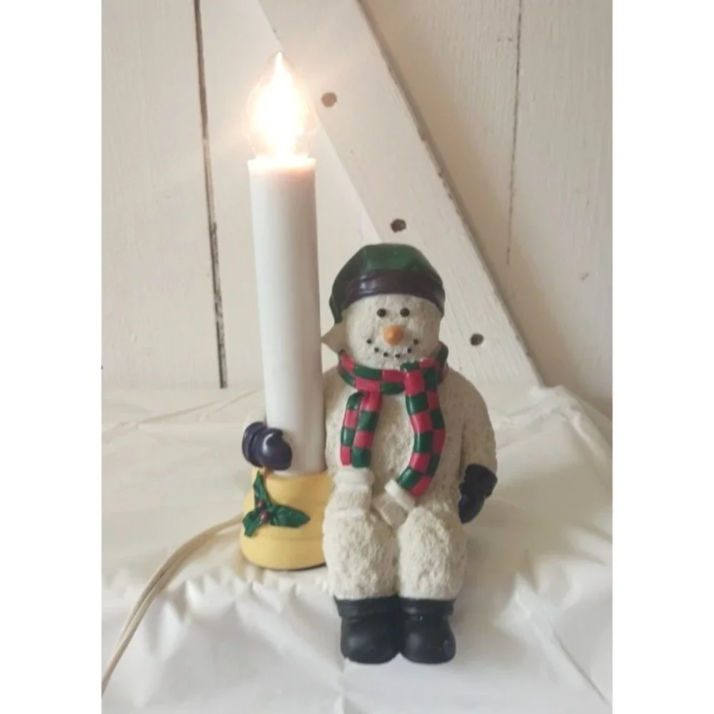 Resin Snowman Light Up Candle Plug in Shelf Sitting Snowman Deco